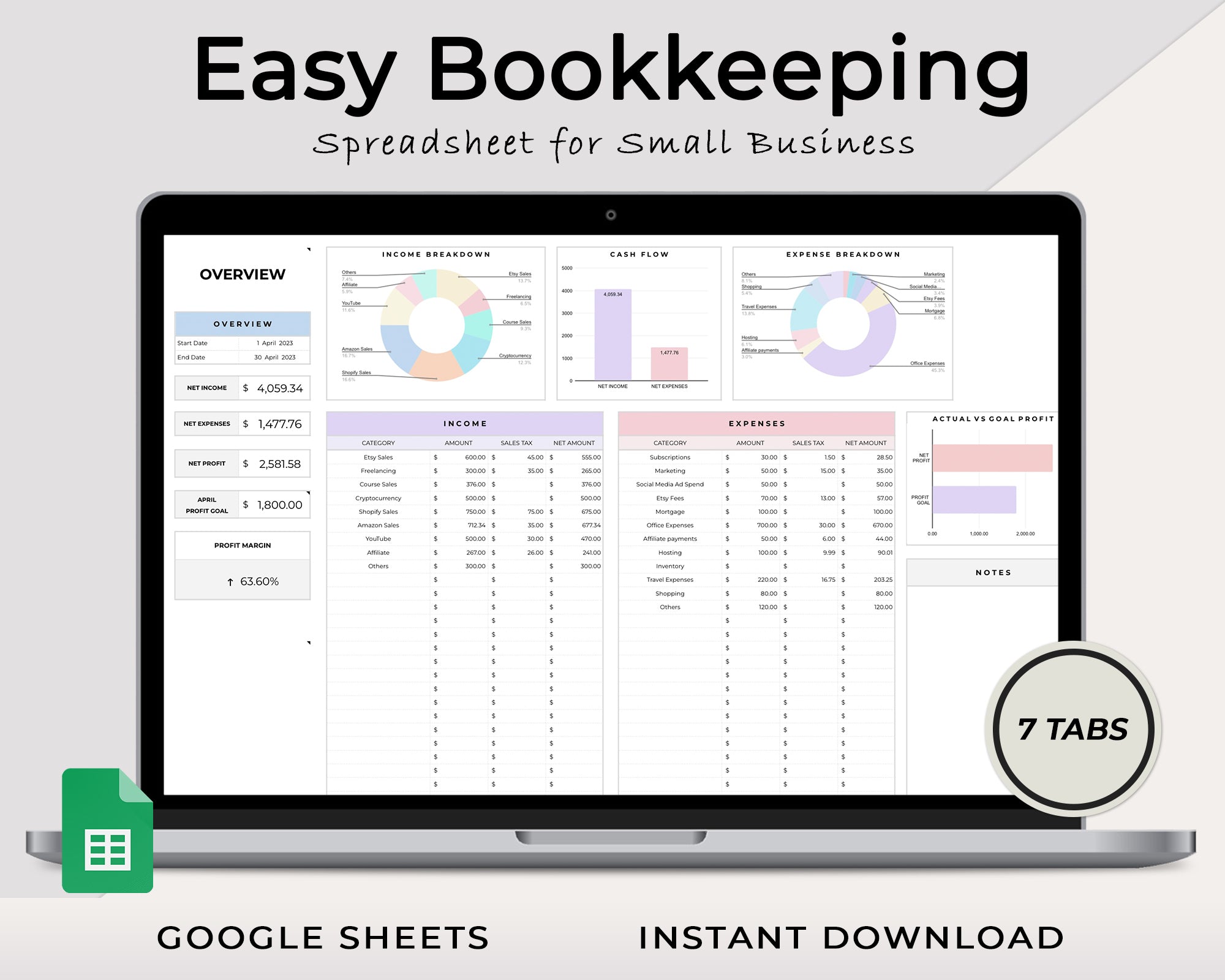 google sheets small business bookkeeping template