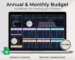 Dark mode annual and monthly budget spreadsheet template