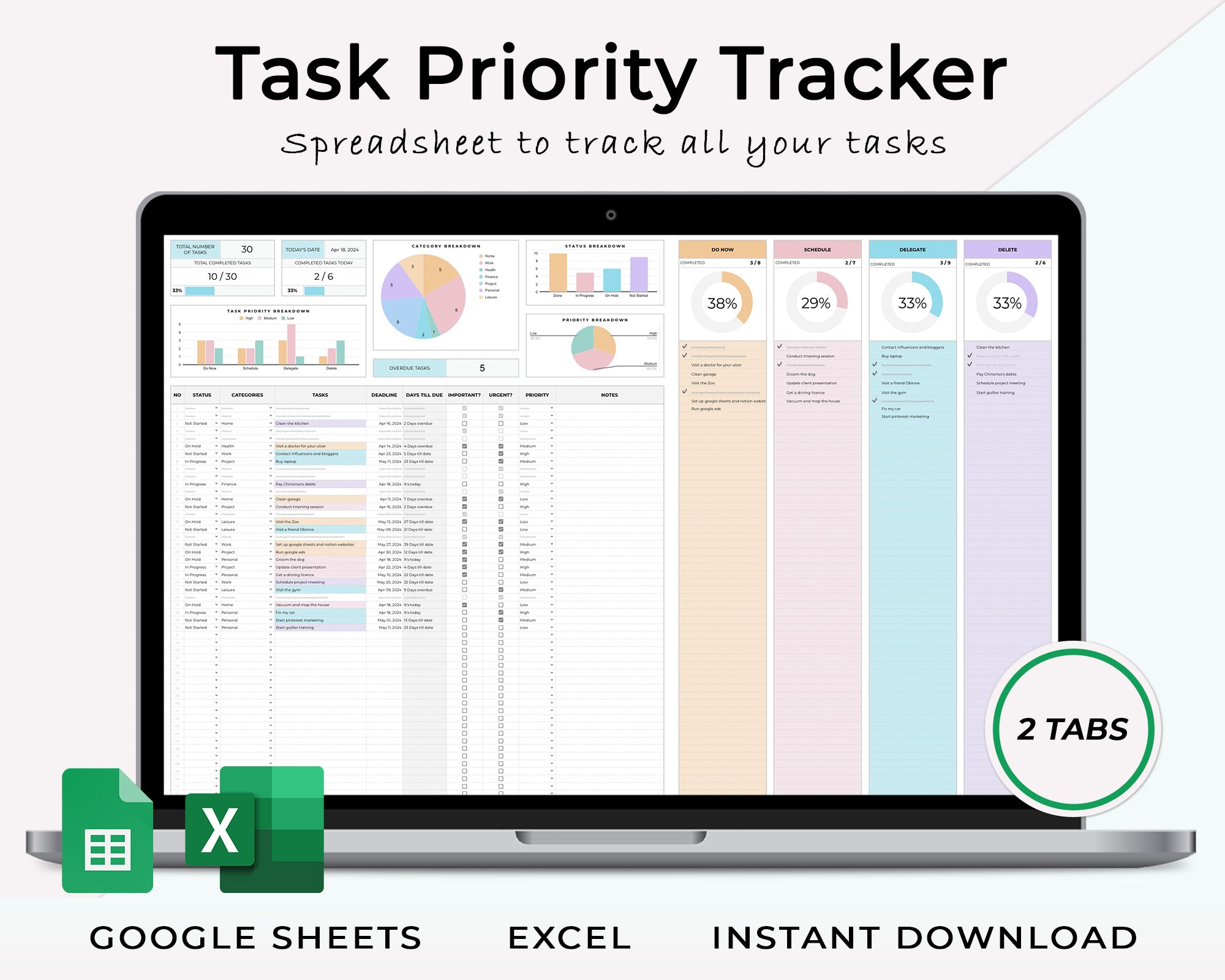 excel task tracker google sheets